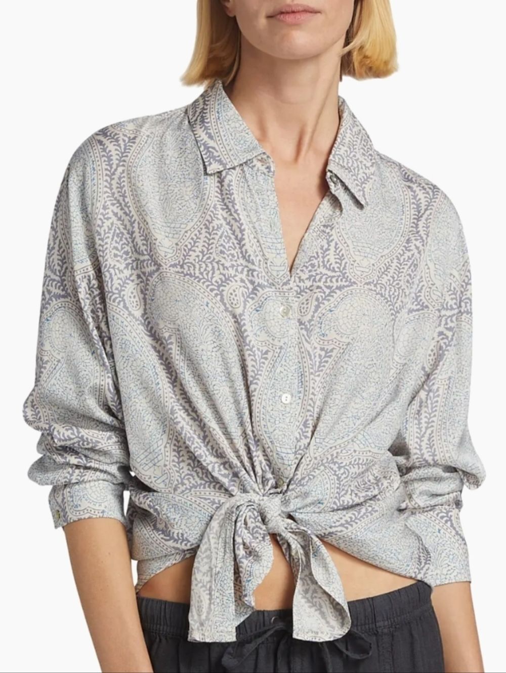 Splendid Mackenzie Printed Button-Front Blouse White Blue Paisley Small